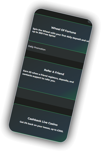 CleanWins promotions hub shown on a transparent dark green phone interface